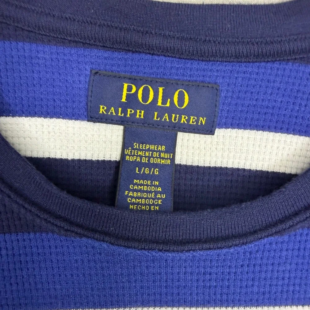 Polo Ralph Lauren Mens Large Blue Striped Waffle Knit Thermal Sleep Shirt L